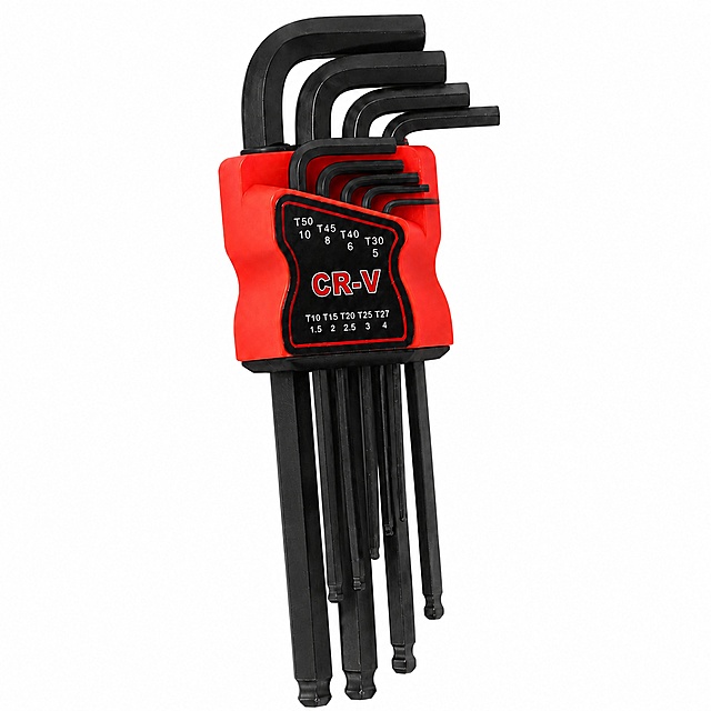 Amazon compliant white background product main image. Pure #FFFFFF background, no shadows, no text, no logos, no marketing elements. The 9-piece torx hex key wrench set with red plastic storage holder is centered in the frame, product occupies 85%+ of the image. The wrenches are black CR-V steel with ball end design, stored in a bright red plastic holder with black label showing CR-V logo and size markings. Keep the product appearance, physical structure, material texture, and color exactly consistent with the input product image, no deformation or color difference. Clean product edges, no background residue, no floating feeling. Commercial product photography quality, sharp details, crisp edges. 1:1 square format. Negative: deformed product, blurry, watermark, Chinese text, shadows, background props, border