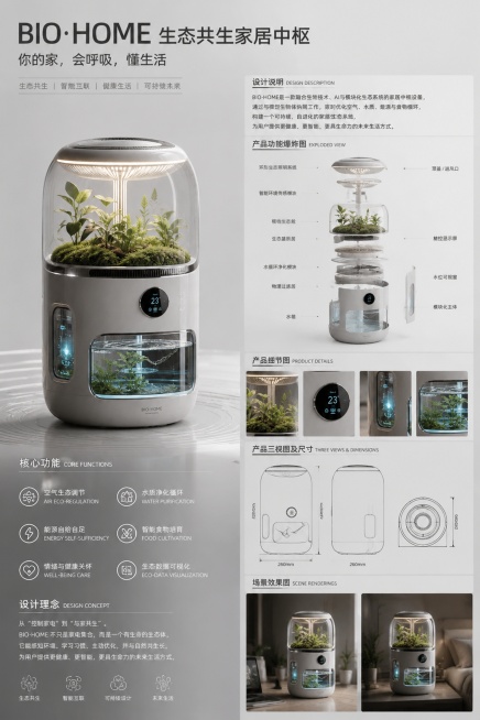 A4竖版设计展板，现代简约科技风，主标题"BIO·HOME 生态共生家居中枢"，分板块展示：左侧产品主效果图，右侧依次排列设计说明、产品功能爆炸图区域、产品细节图区域、产品三视图+尺寸标注区域、场景效预览效果