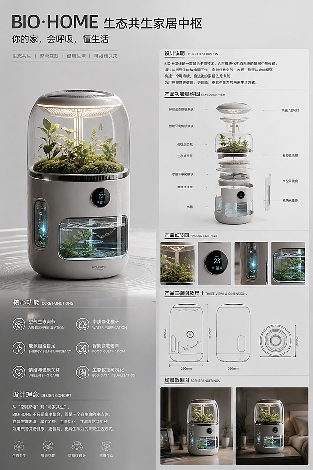 A4竖版设计展板，现代简约科技风，主标题"BIO·HOME 生态共生家居中枢"，分板块展示：左侧产品主效果图，右侧依次排列设计说明、产品功能爆炸图区域、产品细节图区域、产品三视图+尺寸标注区域、场景效果图区域，排版分区清晰主次分明，版式精美，浅灰色低饱和度科技感背景，文字清晰可读性强，整体专业简洁适合毕业设计展示，产品外观还原上传参考图风格，分辨率4k