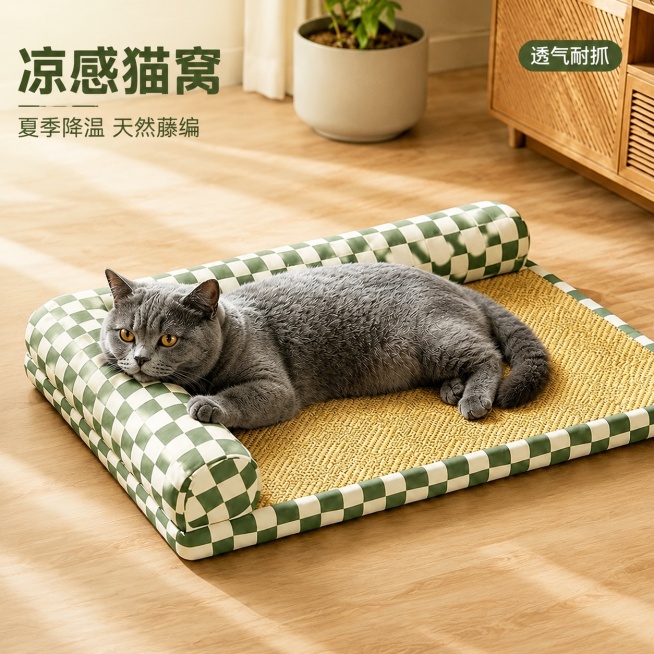 [主图-1] 绿白格纹凉席宠物猫窝垫场景首图
[氛围风格] 温馨自然原木风家居场景
[画质] 商业摄影质感、光线柔和通透、产品清晰真实、画面干净高级，精细化还原凉席藤编编织纹理质感
[元素] 绿白格纹预览效果
