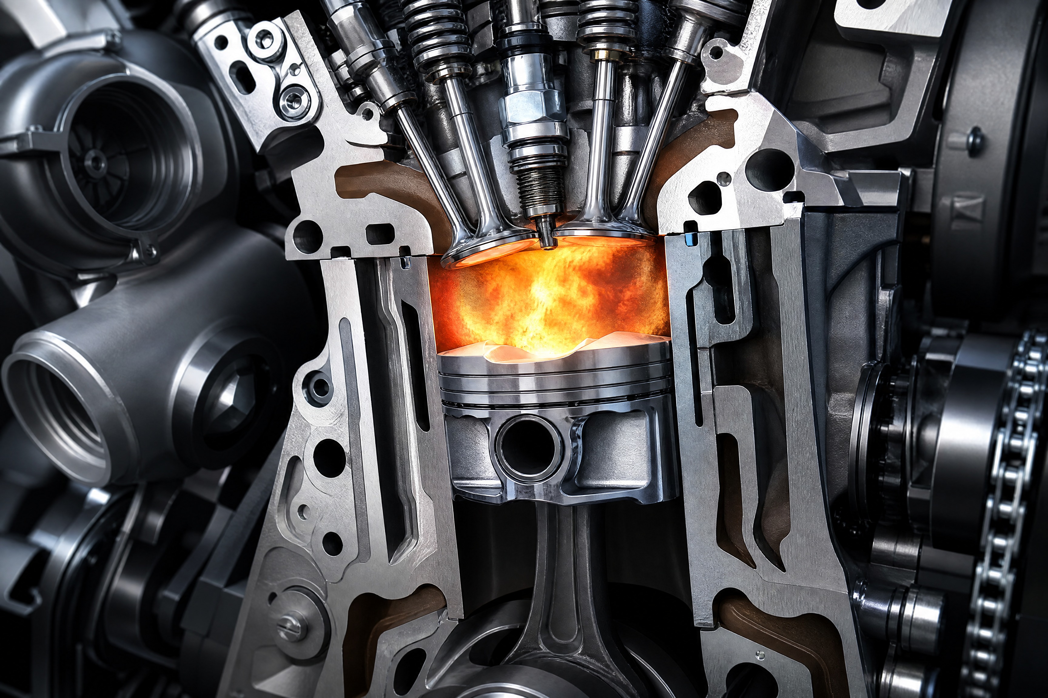 发动机缸体剖面结构，活塞连杆气门组件清晰可见，气缸内有模拟燃烧… - 图片创意预览