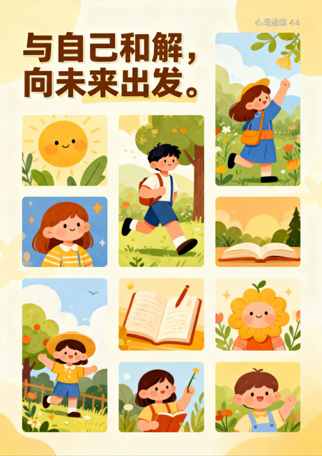 生成三张a4大小文字不一样的心理绘画海报，要求有卡通人物，文字，排版以多个小图拼接风格偏向积极，预览效果