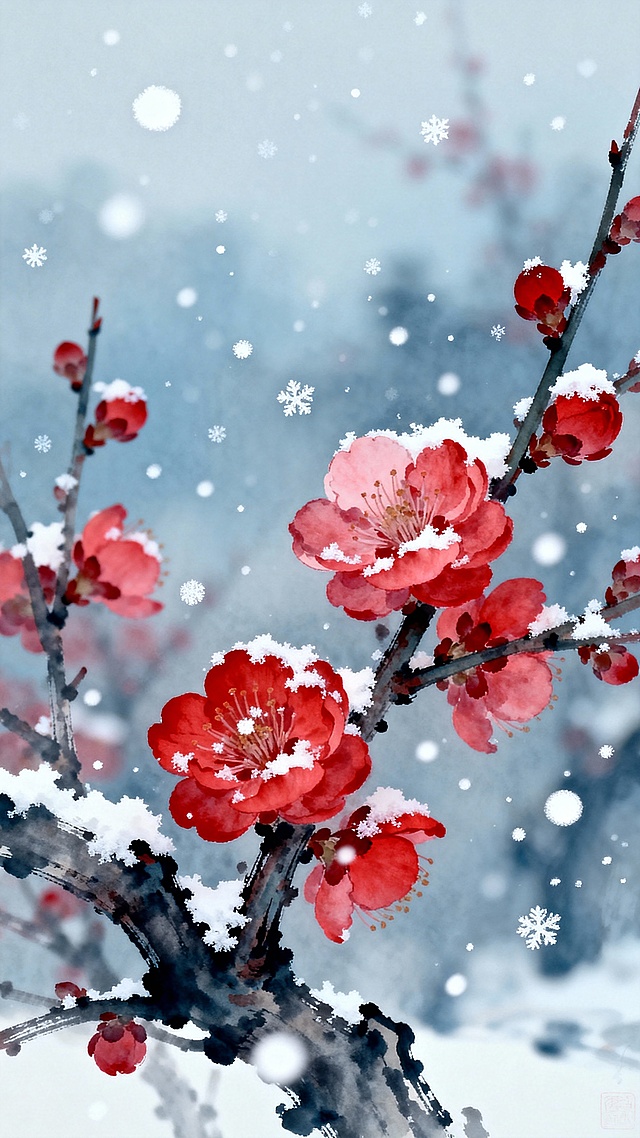 生成小雪的背景图片 ，还有红梅 ，雪花 远近的感觉，要空间感很好