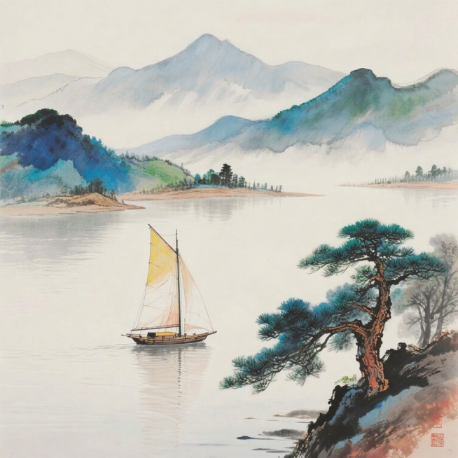 传统国画风格，画面主体为连绵起伏的远山，近处苍劲的松树，湖面上一艘帆船正扬帆航行，船帆饱满，体现顺风顺水、一帆风顺的意境，水墨渲染，留白自然，笔触细腻预览效果