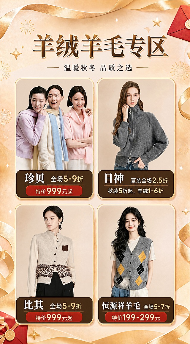 [商品] 使用【图1】羊绒羊毛专区作为版式、布局和整体风格的底图，保持珍贝、日神两个品牌卡片不变，背景装饰（金色丝带、烟花、红包、礼盒）、标题"羊绒羊毛专区"和"温暖秋冬 品质之选"完全不变。修改第二行两个品牌：左侧鹿王卡片替换为"比其"品牌，产品图替换为【图3】（米色费尔岛图案立领马甲），品牌名改为"比其"，折扣文字改为"全场5-9折"；右侧金菊卡片替换为"恒源祥羊毛"品牌，产品图替换为【图2】（灰色菱格纹V领马甲），品牌名改为"恒源祥羊毛"，折扣文字改为"全场5-7折"，特价改为"特价199-299元"。每个产品图需自然嵌入对应卡片的图片区域，去除原图中的文字、水印、编号等，只保留人物和服装主体，调整大小和位置使其适配卡片尺寸，与卡片边框自然融合。
[画面] 页面目标：替换羊绒羊毛专区第二行两个品牌（鹿王→比其、金菊→恒源祥羊毛）的品牌名、折扣信息和产品图，保持整体版式和风格一致。竖版长图，2行2列品牌卡片布局完全保留，第一行珍贝、日神不变，第二行两个品牌更新。每个产品图在卡片内居中展示，人物比例协调，服装清晰可见。
[视觉] 套系策略：风格=国庆喜庆轻奢商业风，暖金质感，3D立体卡片；标题字=粗宋/衬线体，金色渐变描边；正文字=简洁无衬线体，深棕色；主色=米杏色（#F5E6D3）；背景延展=米杏色到浅棕色渐变，叠加细腻纸张质感；强调色=中国红+金色；标题色=深金棕色渐变；正文色=深棕色；组件=圆角米白色品牌卡片、金色描边、深棕色底部信息条、红色特价标签；光影=顶部暖柔光，卡片有轻微投影。所有视觉元素与【图1】完全一致。
[文字] 顶部大标题"羊绒羊毛专区"、副标题"温暖秋冬 品质之选"不变。第一行珍贝（全场5-9折，特价999元起）、日神（夏装全场2.5折，秋装5折起，羊绒1-6折）文字不变。第二行左侧品牌名改为"比其"，折扣改为"全场5-9折"；第二行右侧品牌名改为"恒源祥羊毛"，折扣改为"全场5-7折"，特价改为"特价199-299元"。所有文字横排，字体样式与原图一致。
[规格] 图片比例与【图1】一致（约1:1.8竖版），4K分辨率，避免变形、错字、文字位置偏移、产品图与卡片不融合、风格不统一、产品图上残留原图文字/水印/编号。