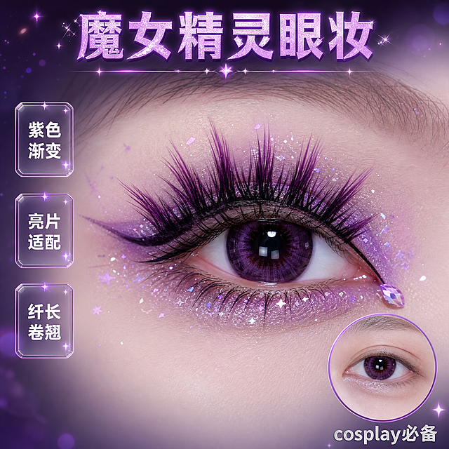 [主图-2] 紫色渐变假睫毛上眼效果展示，动漫cos魔女精灵妆容，突出眼部妆效和睫毛佩戴效果。
[统一基调] 整体风格为精致梦幻动漫cos风，背景主色为深紫到浅紫的渐变光晕，标题字色为亮紫色带细闪效果，辅助字色为银白色，强调色为粉紫色亮片，字体样式为干净利落的非衬线粗体，字号层级分明，卡片与图标采用透明玻璃质感带紫色描边。
[画面] 画面主体为一只眼睛的近距离特写，占画面约70%，眼睛为深紫色瞳孔，眼妆为紫色系眼影叠加粉紫色亮片，眼尾拉长上扬，呈现魔女精灵风格。眼睛上佩戴着与参考图一致的紫色渐变假睫毛，睫毛根部黑色，中段深紫，毛尖浅紫，根根分明，纤长卷翘，与眼妆完美融合。眼周点缀细碎亮片和星光，眼角有一颗小水晶装饰。背景为模糊的紫色渐变光晕，突出眼部主体。画面右侧有一个小圆形插图，展示未佩戴睫毛的裸眼状态作对比，圆形插图有紫色细边框。
[光影质感] 商业人像摄影质感，柔和的正面光配合侧逆光勾勒眼部轮廓，睫毛呈现自然的卷曲弧度和光泽感，紫色眼影和亮片有细腻的珠光质感，皮肤质感细腻光滑，整体光影柔和梦幻。
[配色] 主色调为紫色系眼影和紫色渐变睫毛，肤色为白皙冷调，亮片为粉紫色和银白色闪粉，背景为深紫到浅紫的渐变模糊效果。
[文字版式] 画面顶部居中主标题"魔女精灵眼妆"，亮紫色粗体带细闪。画面左侧竖排三个小标签，从上到下分别为"紫色渐变"、"亮片适配"、"纤长卷翘"，每个标签为透明玻璃质感小卡片，紫色细边框，白色文字。右下角标注"cosplay必备"，银白色小号字体。
[输出要求] 比例1:1，文字清晰，眼部细节清晰，睫毛佩戴效果自然真实，紫色渐变与参考图一致。负向：变形、错字、模糊、杂乱、水印、平台Logo、全脸人像、睫毛颜色不符、眼部扭曲、妆容夸张失真。
