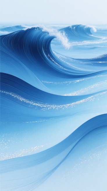 抽象线条艺术风格的自然风光画作，以流动感十足的蓝色系为主色调，从深邃的藏蓝渐变为明亮的冰蓝，点缀着银白色的闪光颗粒，营造出宁静而富有动感的氛围。画面中，优雅起伏的曲线和交错的细长线条模拟了海浪或气流的自然运动轨迹，整体构图呈现出一种不对称的平衡美感。改变画面纹理为细腻的磨砂质感，同时保留线条的锐利边缘和色彩的渐变过渡，使抽象的自然元素更具触摸般的真实感，达到视觉上的和谐统一与独特的艺术表现力。预览效果