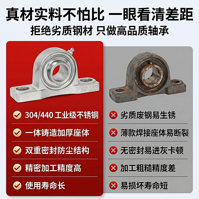 2:3竖版电商详情页优劣对比海报，8K超高清，工业高级杂志风排版，整体风格统一无割裂感；画面顶部主标题用加粗无衬线工业字体："真材实料不怕比 一眼看清差距"，副标题为："拒绝劣质钢材 只做高品质轴承"；画面采用左右对称分栏对比排版，左侧红色区块为本产品，右侧灰色区块为劣质产品；左侧展示严格还原的带座轴承产品高清图，完整还原所有细节，产品比例1:1协调无突兀感，下方标注对比项："304/440 工业级不锈钢、一体铸造加厚座体、双重密封防尘结构、精密加工精度高、使用寿命长"；右侧展示劣质生锈轴承实拍图，下方对应标注对比项："劣质废钢易生锈、薄款焊接座体易断裂、无密封易进灰卡顿、加工粗糙精度差、易损坏寿命短"；中文文字全部统一为加粗无衬线工业字体，对比清晰直观，卖点突出。负面提示词：画面模糊，对比项混乱，产品变形，比例失调，风格割裂，文字杂乱，颜色偏差，多余装饰，卡通元素，字体不统一