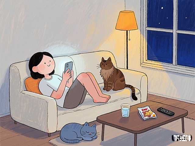 小红书风格横版插画，油画棒手绘质感，粗糙画纸纹理，手工感强。低饱和度柔和配色，大块平涂，暖色调为主，使用米白、浅灰、橙黄、棕褐、深蓝色彩。晚上的客厅一角，一位稚拙可爱风格、圆润轮廓无精细五官的女性瘫在沙发上，手里拿着亮着屏幕的手机，屏幕用浅灰色块表示。她脚边趴着一只圆圆的蓝色英国短毛猫，闭着眼睛睡觉，沙发靠背上蹲着一只棕褐色、缅因猫大小的猫。沙发前的茶几上放着一杯水、一包零食、一个遥控器。窗外是深蓝色的夜空，屋里亮着温暖的橙黄色落地灯。整体是下班后放松舒适、有猫陪伴的氛围，图片四周预留适当留白方便加文字，手绘感强