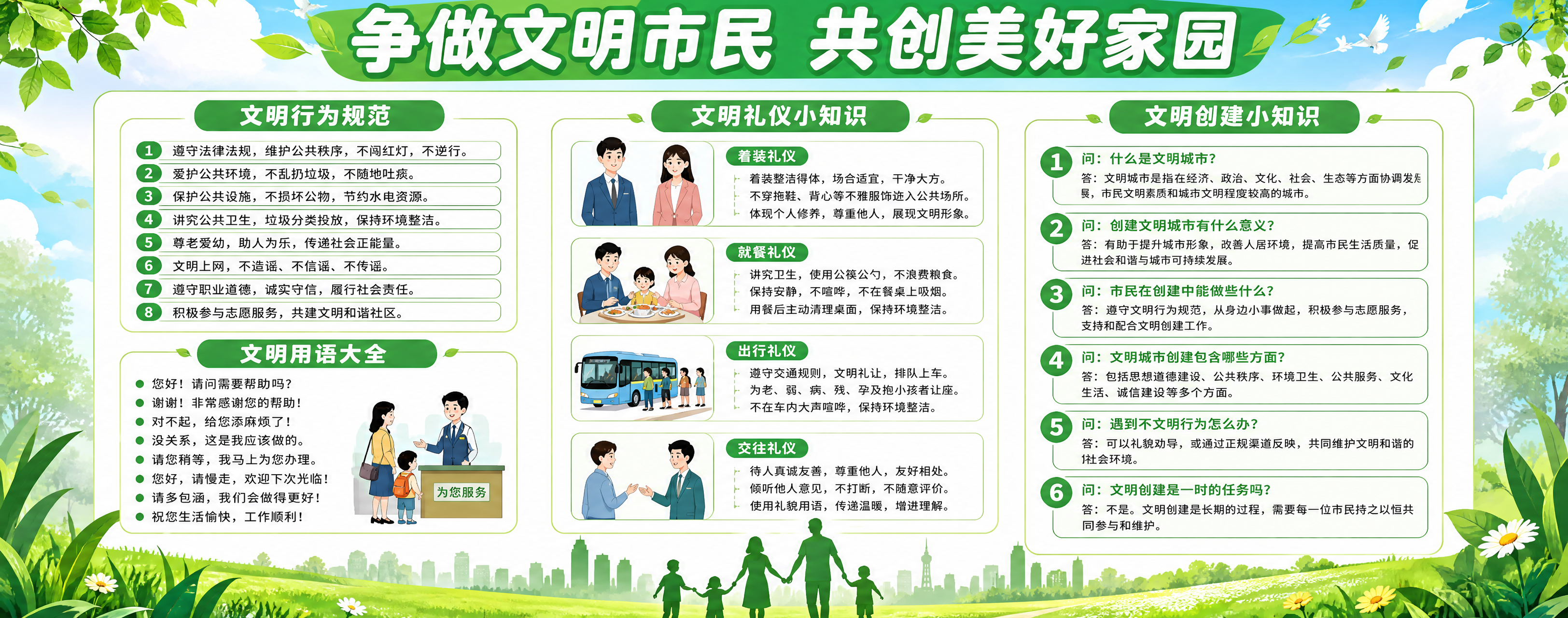 参考图的绿色清新自然设计风格，制作第三张文明创建宣传栏，内容与… - 图片创意预览