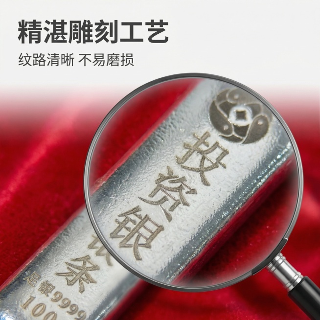 [主图 3] 细节特写展示，突出雕刻工艺
[氛围/风格] 微距细节，极致质感
[画面元素] 放大镜效果放大银条表面 "投资银条" 和 logo 雕刻细节，展示清晰工整的工艺，背景红色绒布虚化突出细节，预览效果