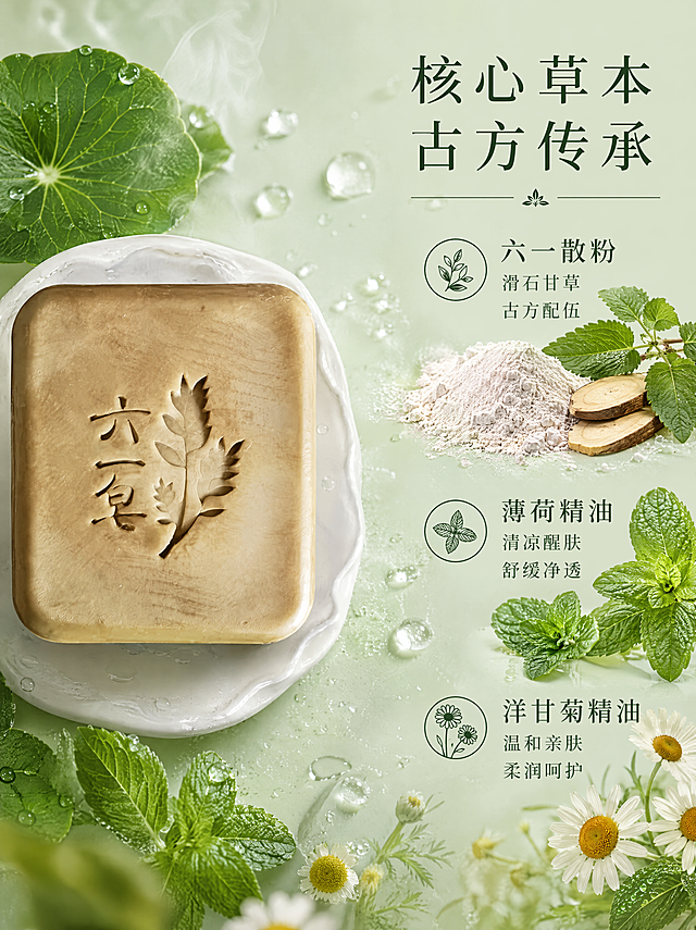 [第4张] 核心成分页-六一散粉与草本精油。本张使用【图3】作为皂体特写主体，展示皂体质地。
[氛围/风格] 草本微距质感，清雅自然，成分可视化，高级纯净。
[元素布局] 皂体置于画面左侧，占比约40%，展示皂体上的六一皂刻字与草本图案，皂体质感细腻温润；右侧为核心成分展示区，六一散粉（滑石+甘草）以粉末堆和草本叶片形式呈现，薄荷与洋甘菊以新鲜植物形态环绕；背景为淡绿色渐变，有水珠、雾气元素增加清新感；皂体颜色、形状、刻字与输入图完全一致。
[光影质感] 柔和顶光，皂体表面有自然光泽，粉末细腻有层次，整体清新通透。
[配色色系] 全局底色 #E0F0E0 清浅绿；主色草绿、薄荷绿；辅助色米白、淡黄（洋甘菊）；点缀色深绿。
[视角构图] 俯视角度，左物右文，阅读动线从皂体 → 成分展示 → 文字说明。
[文字版式] 右上角主标题「核心草本 古方传承」，下方分三组说明：「六一散粉 滑石甘草 古方配伍」「薄荷精油 清凉醒肤 舒缓净透」「洋甘菊精油 温和亲肤 柔润呵护」；每组配对应草本小图标；字体为简洁宋体，深绿色。
[比例分辨率] 3:4 竖版比例，4K 分辨率，文字清晰可辨，高清画质。
[负向提示词] 皂体变形，刻字模糊，颜色偏差，水印，文字过小，化学成分符号过多，西药感。