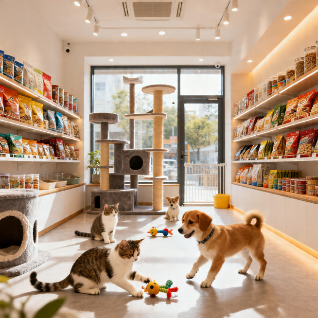 温馨明亮的宠物店室内场景，干净整洁的空间，可爱的猫咪和狗狗在玩耍，摆放着宠物零食、玩具和猫爬架，暖色调灯光，现代清新风格，商业空间摄影预览效果