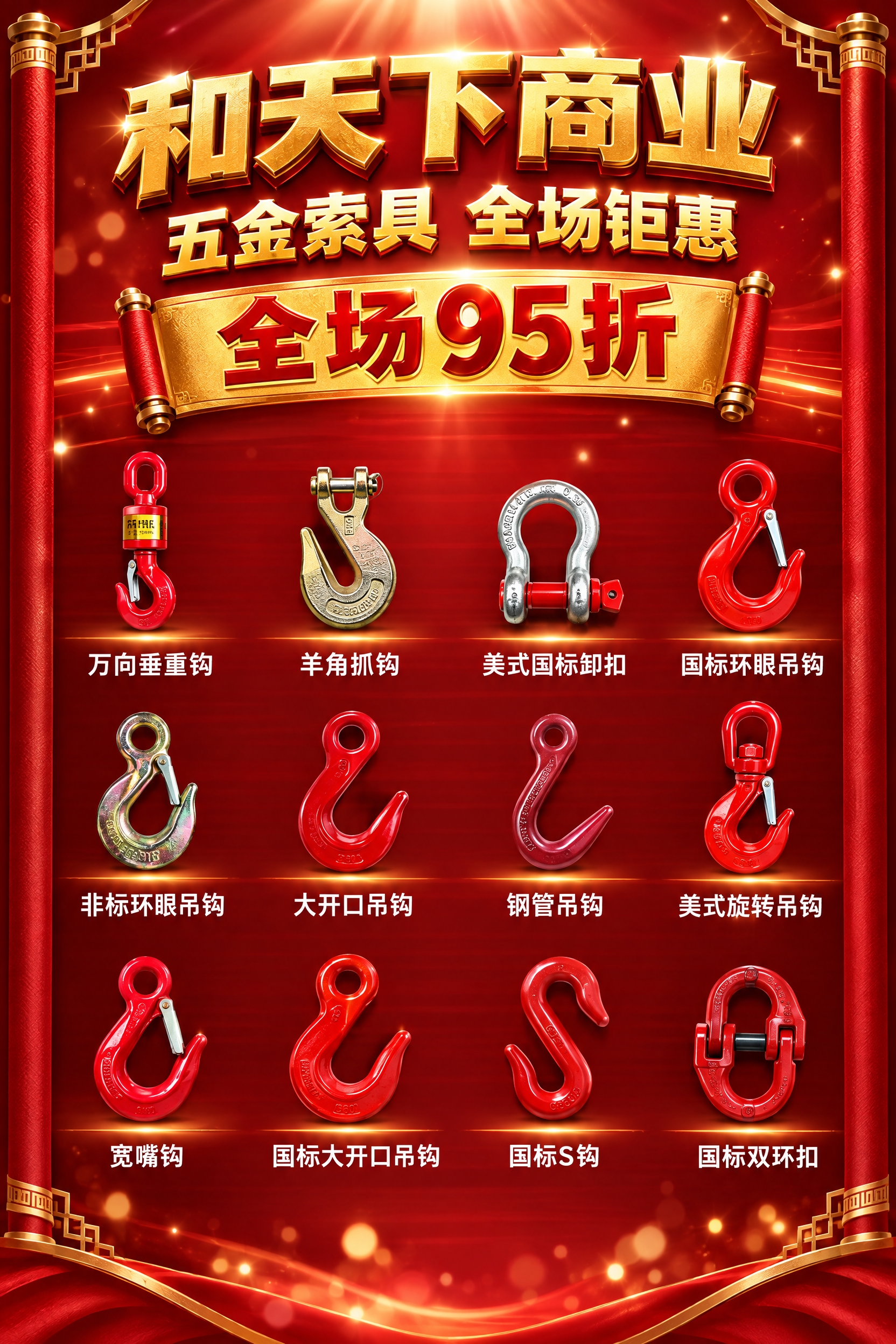 电商促销海报，五金索具类商品。深红渐变背景（从暗红#B8000… - 图片创意预览