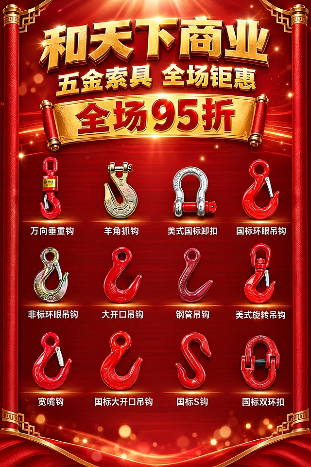 电商促销海报，五金索具类商品。深红渐变背景（从暗红#B8000F到亮红#E63946），带有细微的水平光线条纹、金色几何线条装饰、暖白色光斑粒子和散景效果，顶部有柔和的体积光，画面四周有红金卷轴式装饰边框。

顶部主标题：金色3D立体大字"和天下商业"，金属质感，深色金阴影，柔和白色外发光，轻微向上斜面，居中位于画面顶部20%区域。
副标题：金色中号字"五金索具 全场钜惠"，位于主标题下方。
优惠横幅：红色卷轴边框的金色横幅，上面写着大号金色字"全场95折"。

下方70%区域是4列3行的商品网格，共12件五金索具产品，每件产品居中放在各自格子里，产品大小约占格子宽度的70%，格子间有6%的留白，每行共享底部基线，产品不重叠。每件产品下方有白色无衬线的中文名称标签。

12件商品分别是（从左到右从上到下）：
1. 万向垂重钩 - 红色金属钩体，中部黄色圆柱形标签带黑字，两端吊钩方向相反
2. 羊角抓钩 - 黄铜色锻钢质感，羊角形开口，带安全销
3. 美式国标卸扣 - 银色U形合金钢，红色横销带螺母，表面有刻印文字
4. 国标环眼吊钩 - 红色环眼，红色大钩体，银色弹簧安全舌
5. 非标环眼吊钩 - 暗金色/彩锌色金属，环眼形状，银色安全舌
6. 大开口吊钩 - 红色金属，大开口钩形，圆环眼
7. 钢管吊钩 - 酒红色金属，细长S形钩，圆环眼
8. 美式旋转吊钩 - 红色旋转环，红色钩体，银色安全舌
9. 宽嘴钩 - 红色金属，宽嘴钩形，银色安全舌
10. 国标大开口吊钩 - 红色重型大开口钩，圆环眼
11. 国标S钩 - 红色S形双向钩，无环眼
12. 国标双环扣 - 红色双环结构，黑色横销，蝴蝶形连接扣

所有产品必须保持真实的工业五金照片质感，不能变成卡通、插画或玩具风格。产品只做精修级处理：抠图、补光、加投影、色彩统一。

产品名称标签文字："万向垂重钩"、"羊角抓钩"、"美式国标卸扣"、"国标环眼吊钩"、"非标环眼吊钩"、"大开口吊钩"、"钢管吊钩"、"美式旋转吊钩"、"宽嘴钩"、"国标大开口吊钩"、"国标S钩"、"国标双环扣"。
所有画面上的中文文字必须准确渲染，不能有错字、漏字或乱码。

整体氛围：豪华、喜庆、专业工业风，暖顶光统一照亮所有商品。无水印、无假logo、无多余英文签名。