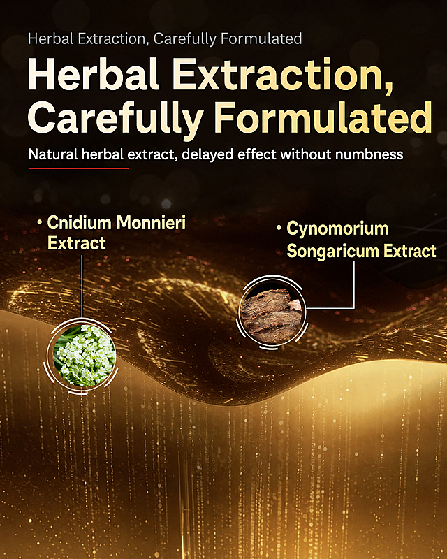 替换所有中文文字为英文：草本萃取 精选配制 -> Herbal Extraction, Carefully Formulated，天然草本植物萃取延时不麻 -> Natural herbal extract, delayed effect without numbness，蛇床子提取物 -> Cnidium Monnieri Extract，锁阳提取物 -> Cynomorium Songaricum Extract，保留整体背景、产品展示和排版配色不变