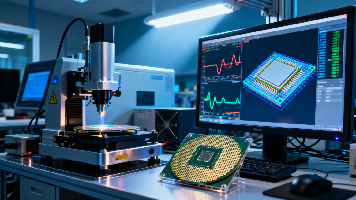 科技感芯片设计验证场景配图，画面呈现高端实验室环境，陈列精密芯片测试仪器、晶圆和芯片样品，屏幕上显示电学特性数据曲线和芯片结构建模画面，光线冷峻有未来感，整体充满高科技工业氛围，无任何文字元素预览效果