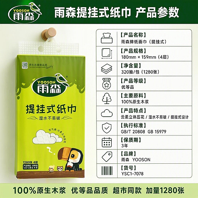 雨森提挂式纸巾拼多多规格图，1:1比例，清晰展示产品详细参数信息。
[氛围风格] 简洁清晰专业风，信息一目了然，绿色清新品牌风格。
[画质] 商业摄影质感、光线明亮均匀、画面干净清晰、文字锐利可读。
[元素] 画面左侧挂着1提雨森提挂式纸巾，挂在挂钩上展示悬挂方式，正面完整展示，绿色包装、YOOSON雨森Logo、提挂式纸巾大字、巨嘴鸟卡通图案、云朵压花图案、1280张4层优等品100%原生木浆标签均与输入产品图完全一致，无变形色差，产品清晰真实，商品主体占比约35%。右侧为规格参数信息区域，用清晰的表格和图标展示产品详细参数。背景为浅绿到白色的柔和渐变，干净清爽，呼应品牌绿色风格。
[光影] 柔和均匀的棚拍光，从左上方照射，产品有自然的立体感和质感，整体光线干净明亮。
[配色] 主色绿色+白色；辅色深绿+浅灰+卡通橙黄点缀，整体简洁专业。
[视角构图] 平视角度，左侧悬挂产品+右侧参数信息的左右分栏构图，画面平衡清晰。
[文字版式] 顶部通栏深绿色底，白色大标题："雨森提挂式纸巾 产品参数"，字号最大最醒目。
右侧参数区域用清晰的表格形式展示，每项配小图标：
【产品名称】雨森牌纸面巾（提挂式）
【产品规格】180mm × 159mm（4层）
【净含量】320抽/包（1280张）
【产品等级】优等品
【主要原料】100%原生木浆
【产品特点】云柔立体压花 / 湿水不易破 / 提挂式设计
【执行标准】GB/T 20808  GB 15979
【保质期】3年
【品牌】雨森 YOOSON
【货号】YSC1-7078
每个参数项用深绿色加粗标题+黑色正文，左侧配小图标，清晰易读，排版整齐。
底部通栏浅绿色底，深绿色文字："100%原生木浆 优等品品质 超市同款 加量1280张"。
左上角雨森YOOSON品牌Logo。
所有文字清晰可读，排版整齐专业。
[输出要求] 1:1比例，文字清晰可辨。
[负向提示词] 变形，文字错乱，产品模糊，背景杂乱，水印，电商平台Logo。
