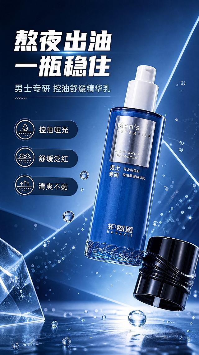 [商品] 使用【图1】护然里男士熬夜肌控油舒缓精华乳；保留蓝色渐变玻璃瓶身、银色标签、黑色旋盖/白色按压泵头、瓶身文字「Men's EXPERTISE」「男士专研」「男士熬夜肌 控油舒缓精华乳」「护然里 HURANLI」及底部叶片纹理，保持产品结构、比例、颜色和材质不变。
[画面] 目标：男士熬夜肌护肤头图海报，突出控油舒缓核心利益。构图：产品居中偏右悬浮展示，占画面约55%，左上方留白放文案；前景点缀透明水珠和微光粒子，中景产品主体，背景渐变蓝调+几何光影线条，≥3层视觉层次。产品角度：正面微侧，瓶身完整展示，搭配一个开盖状态呈现泵头细节。阅读动线：左上主标题→左下卖点→中部产品。
[视觉] 套系策略：风格=高级科技感男士护肤商业摄影；标题字=现代粗黑体（硬朗利落）；正文字=简洁无衬线体；主色=深海蓝；背景延展=基于深海蓝做深浅渐变、同色系几何切面和细腻磨砂质感；强调色=银灰色，仅用于小面积图标、引线和标签高光；标题色=纯白色；正文色=浅灰蓝色；组件=圆角深色信息卡、细银线引线、圆形利益icon；光影=左前侧冷调硬柔光，产品边缘有轮廓光，质感通透。
[文字] 左上主标题「熬夜出油 一瓶稳住」（8字），副标题「男士专研 控油舒缓精华乳」；下方3个圆形icon卖点：① 控油哑光 ② 舒缓泛红 ③ 清爽不黏；文字区不遮挡产品主体和瓶身Logo，全部横排，字号保证手机端清晰可读。
[规格] 图片比例9:16竖版，4K分辨率，负向提示：避免变形、错字、文字过小、产品颜色改变、瓶身文字错乱、女性化元素、粉色紫色调、极限词、医疗功效承诺。