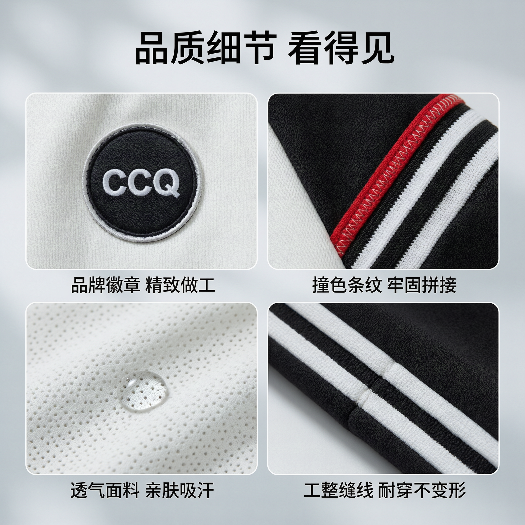 [主图-4] 秋季短袖套装细节特写展示，面料质感+工艺细节+徽… - 图片创意预览