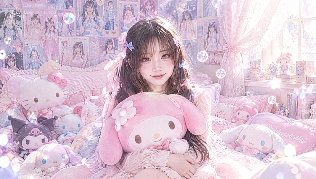 和参考图完全一致的少女，五官面部妆容发型蝴蝶结全部保留不变，不要改变长相，人物五官高度还原参考图，坐在柔软粉色大床上，双手怀里抱着大号三丽鸥玩偶，床上散落多个三丽鸥公仔，墙壁贴满idol海报，柔和窗边阳光，梦幻柔光光斑，细碎星光泡泡，复古胶片颗粒，粉蓝色马卡龙柔和色调，蕾丝软装窗帘，房间甜美少女风，画面通透，氛围感强，高清8k，人像摄影，f1.8大光圈，人物面部光影柔和，胶片写真风格