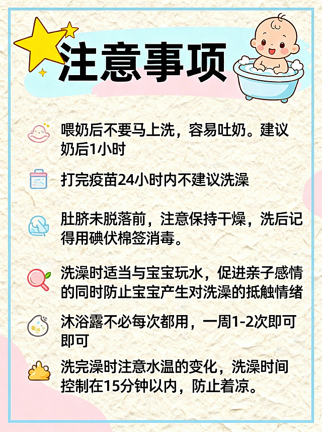 宝宝洗澡注意事项图文海报，完全保留原有文案、排版和内容不变，添加和宝宝洗澡步骤图片一样的浅蓝色细边框，保持整体3:4比例，风格和原图片统一，背景和文案都完全不改变，只增加蓝色边框