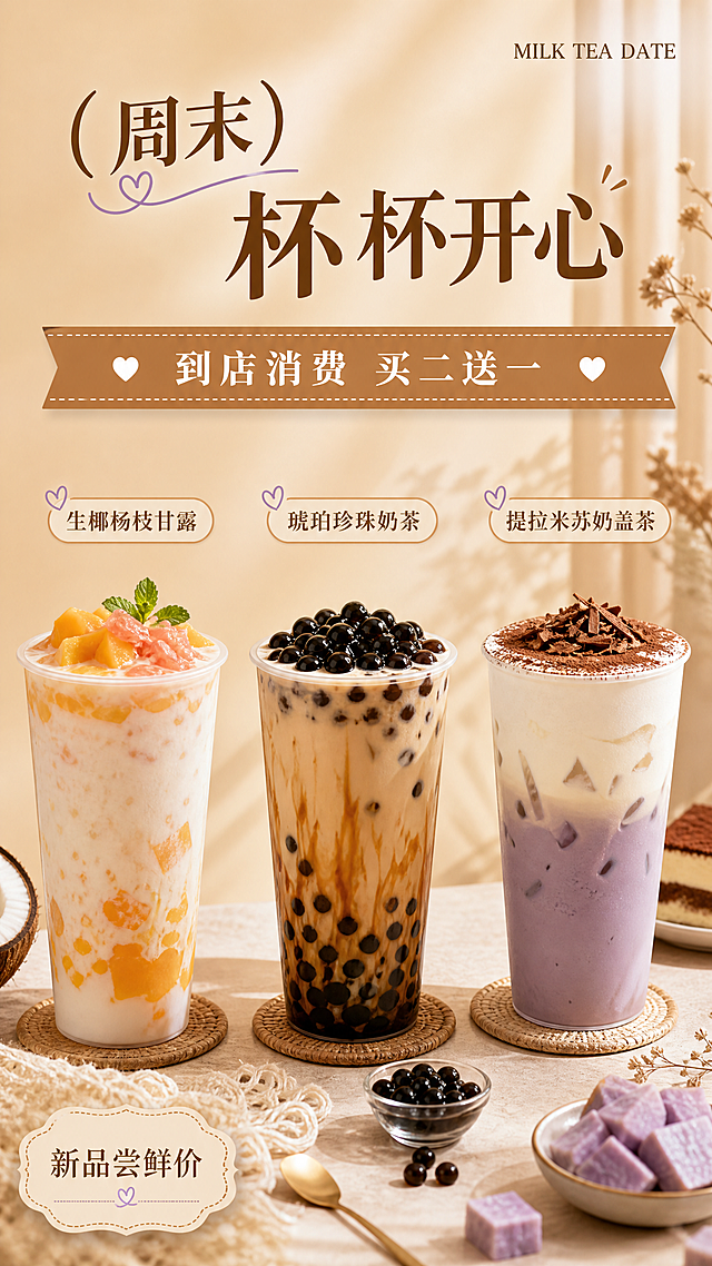 将海报中的咖啡饮品全部替换为奶茶饮品，整体色调改为奶茶暖色系（奶白+焦糖+浅棕+芋泥紫），清新甜美食欲感，其余版式结构保持不变：顶部右上角小字英文，主标题居中偏上，主标题下方通栏活动条，中部横向排列三杯奶茶饮品并各带名称标签，左下角标注文字。写实商业摄影风格，柔和侧光，排版精美有层次。

画面文字内容（必须精确呈现）：
- 右上角小字："MILK TEA DATE"
- 主标题："(周末) 杯杯开心"
- 活动栏："到店消费 买二送一"
- 三杯饮品名称（从左到右）："生椰杨枝甘露"、"琥珀珍珠奶茶"、"提拉米苏奶盖茶"
- 左下角标注："新品尝鲜价"

画面中所有信息区域必须填充完整合理的内容，确保是完整可用的成品海报。画面中所有数字必须精确渲染，不得错位、遗漏或编造。