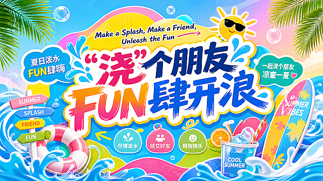 夏日活动背景板设计，主题为"浇"个朋友 FUN肆开浪，上方配有英文"Make a Splash, Make a Friend, Unleash the Fun"，采用夏日多巴胺色调，彩色渐变背景，搭配不同形状的异形板，整体风格活泼明快，充满夏日活力。