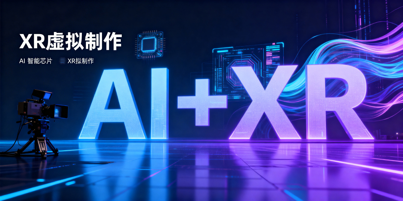 AI+XR主题超高清宽屏网站背景图，主题文字“AI+XR”，左上角增加“XR虚拟制作”文字，科技感十足的未来智能风格，人工智能与XR虚拟技术融合，蓝紫渐变赛博霓虹光影，包含AI智能芯片、XR拍摄设备、预览效果