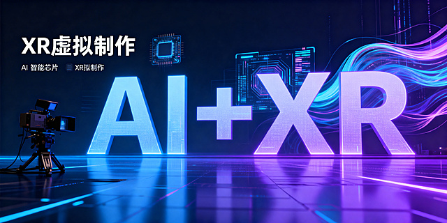 AI+XR主题超高清宽屏网站背景图，主题文字“AI+XR”，左上角增加“XR虚拟制作”文字，科技感十足的未来智能风格，人工智能与XR虚拟技术融合，蓝紫渐变赛博霓虹光影，包含AI智能芯片、XR拍摄设备、流动数字光影元素，体现AI驱动XR虚拟制作的未来科技感，大场景超宽构图