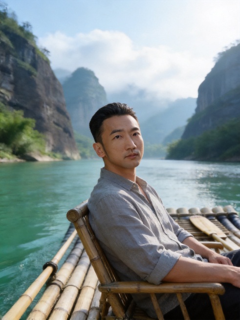 生成武夷山竹筏旅拍写真，仅保留参考图1人物脸型、发型、年龄等特征，忽略参考图中的领结西装配饰，风格为清新治愈，低饱和清透蓝调，富士胶片感，色彩干净通透，柔和自然江景光线，侧逆光勾勒轮廓金边，大光圈浅景预览效果
