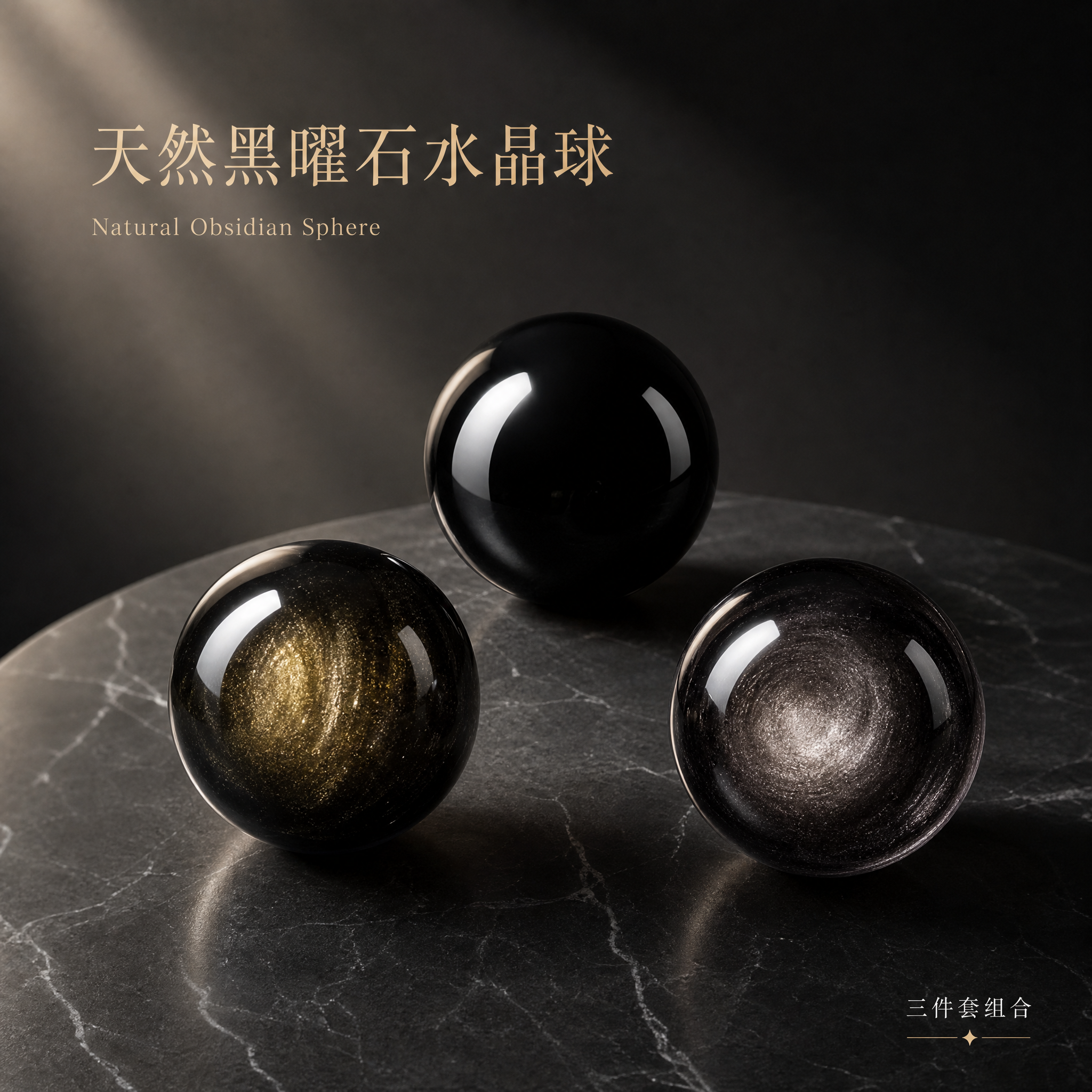[主图-1] 主题：天然黑曜石水晶球三件套 首图氛围展示，突出… - 图片创意预览