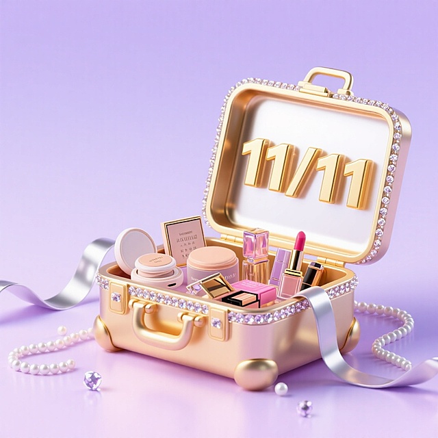 鎏金风化妆箱，3D重拟物设计，镶嵌水晶与珍珠，梦幻甜美元素点缀，奢华时尚感十足，呈现双11节日购物盛宴。