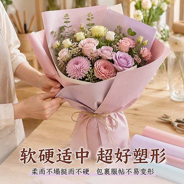 [主图-4] 塑形能力展示，突出易折定型特点
[氛围风格] 实用场景演示
[画质] 商业摄影质感、光线柔和通透、产品清晰真实、画面干净高级
[元素] 展示树皮纸包裹花束后的定型效果，边角服帖不翘起不变形，体现质地柔而不塌挺而不硬，易折易定型的特点。保持纸张颜色纹理与输入产品图一致。花艺师手部正在调整包装，动作自然
[光影] 自然室内光线，柔和均匀，突出塑形效果
[配色] 鲜花自然配色，背景简约浅木色
[视角构图] 平视中景，主体包装清晰
[文字版式] 底部大字软硬适中超好塑形，小字柔而不塌挺而不硬 包裹服帖不易变形，文字位于底部不遮挡主体
[输出要求] 1:1比例，文字清晰可辨，超高清商业摄影质感，宽2048像素，高2048像素
[负向提示词] 变形，文字错乱，产品图模糊，背景杂乱，水印，电商平台Logo，翘起，变形