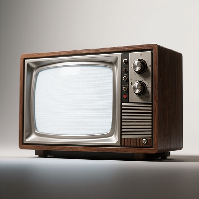 一个复古风格的老式电视机，棕色木质边框，银色金属前面板，屏幕为纯白色，右侧有多个旋钮和按钮，整体呈现出怀旧的质感，采用写实的3D渲染，光影效果自然，突出电视机的立体感和材质细节，背景简洁干净，聚焦于电视机主体，具有浓郁的复古家电设计感。