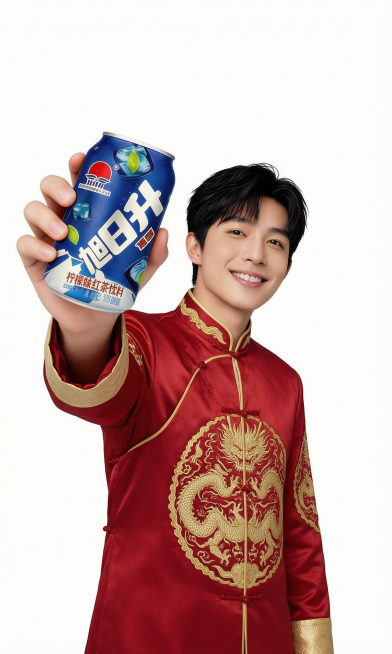 给图中的男士穿上图2的状元郎的红色绣龙传统服饰，保留男士的姿势、长相和动作不变，其他都和原图保持一致，生成高清晰大图预览效果