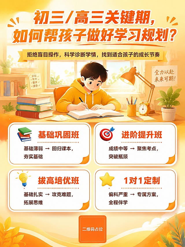 面向初三高三学生的学习规划宣传海报，展示基础巩固、进阶提升、拔高培优和1对1定制四类课程，卡通风格设计，适合教育培训场景使用