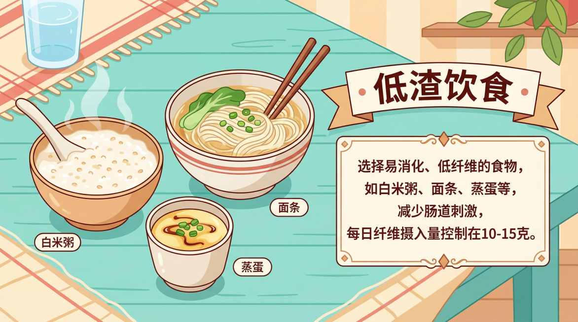二维扁平插画风格，画面展示白米粥、面条、蒸蛋等低纤维食物，旁边标注“低渣饮食：选择易消化、低纤维的食物，如白米粥、面条、蒸蛋等，减少肠道刺激，每日纤维摄入量控制在10-15克。”预览效果