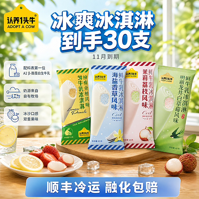 电商主图设计，1:1正方形，爆款促销感风格，夏日冰爽清新氛围。画面左上角放置认养一头牛品牌LOGO（黄色盾牌形状，黑色中文+英文ADOPT A COW，与输入图5完全一致，不修改不重绘）。画面中央展示4款冰爽冰淇淋各一支，从左到右依次为：柠檬金柚风味、海盐香草风味、茉莉荔枝风味、明前龙井白草莓风味，4支冰淇淋包装外观、颜色、文字、大小、比例与输入图1-4完全一致，禁止修改产品任何信息和包装大小，不要遮挡产品。4支冰淇淋呈错落摆放，中间略高两侧略低，整体占画面约50%。背景为夏日吃冰淇淋的真实生活场景：明亮的窗边木质餐桌，桌上有一杯加冰柠檬水、一小碟新鲜水果切片（柠檬片、草莓、荔枝），背景虚化的绿色植物和阳光光斑，营造清爽惬意的夏日午后氛围，场景自然不违和。画面顶部中央偏上位置放置大标题："冰爽冰淇淋 到手30支"，字体为粗黑体，白色字带浅蓝描边，醒目清晰。标题下方小字标注："11月到期"，灰色小字。画面右侧或左下空白区域放置3组卖点信息，用圆角半透明白色卡片承接，每组配一个简约线稿图标：第一组"配料表第一位 A2 β-酪蛋白生牛乳"，第二组"奶源来自自有牧场"，第三组"冰沙口感 双重果味"。画面中央底部添加一条横向信息条，蓝白渐变底色，白色粗体字："顺丰冷运 融化包赔"，两端留空不顶边。整体光影为自然柔光，明亮通透，产品有真实的接触阴影，不悬浮。配色以清新蓝绿为主，搭配产品包装本身的黄绿、蓝、粉、绿色调，和谐统一。文字全部清晰可读，不遮挡产品主体。