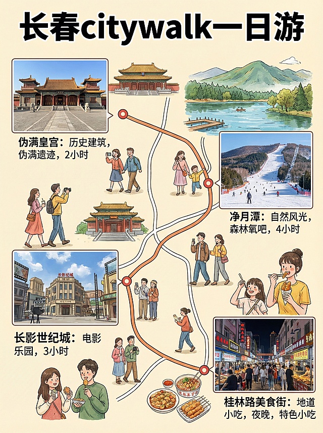 参考这个图片风格：结合长春旅游景点图，生成一份中文版长春旅游攻略，标题“长春citywalk一日游”，色彩鲜艳，图片写实。使用香蕉2.0，图片比例3:4。