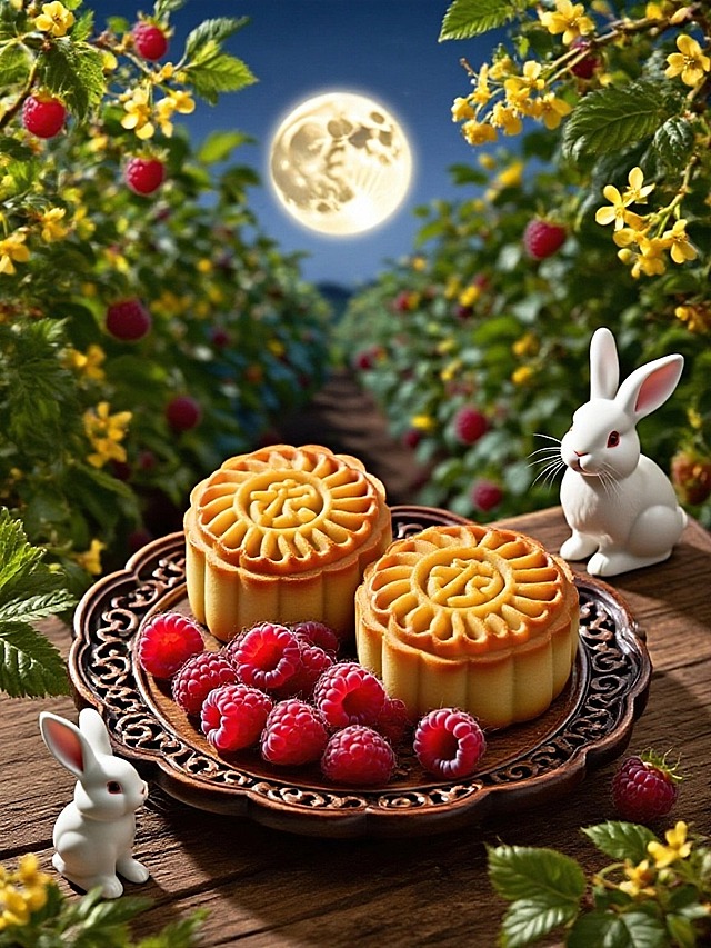 中式中秋意境，树莓果园为背景。两个月饼和一些树莓随意堆放在雕花托盘上，旁有桂花枝、兔子陶瓷摆件点缀，一轮圆月悬于天际，光线柔和，凸显传统节日雅致、温馨之感