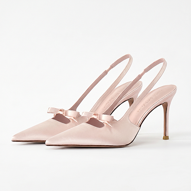 Overall Full View, Macro Shot, UltraDetail, 1:1 aspect ratio, light pink satin slingback stiletto heels, pointed toe, bow detail, back elastic strap, pure white studio background, soft diffused lighting, photorealistic, 8K high resolution