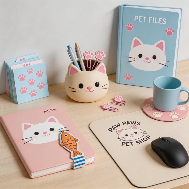 猫宠用品店办公用品周边设计，包括带有猫咪图案的笔记本、印有宠物爪印的便签纸、猫咪造型的笔筒、宠物主题的文件夹、猫爪形状的回形针、带有小鱼干图案的书签、宠物店logo的鼠标垫和杯垫。整体风格温馨可爱,色预览效果