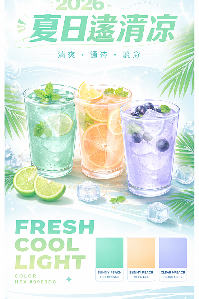 按照参考图的版式风格，生成第三张夏日清新风色卡搭配图，包含三种清透亮眼的夏日清新配色，和参考图一致比例，在右下角为每个颜色标注对应的色号，整体风格清透凉爽夏日感，配色和前两张都不同