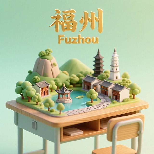 一张课桌，课桌上展现出福州城市景观微缩场景，有福州的鼓山、西湖公园、三坊七巷、上下杭、乌塔、白塔，上方标注中文 “福州” 与英文 “Fuzhou”，整体画面色调柔和温暖，充满梦幻活力，背景是浅绿色渐变。