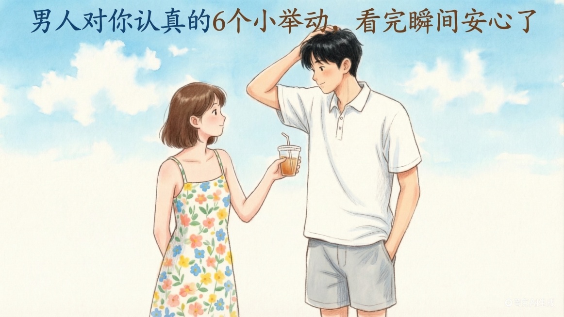 在图片图片上方的空白位置添加文字文案：“男人对你认真的6个小举动，看完瞬间安心了”，保持原有画面风格和元素不变，文字清晰美观预览效果