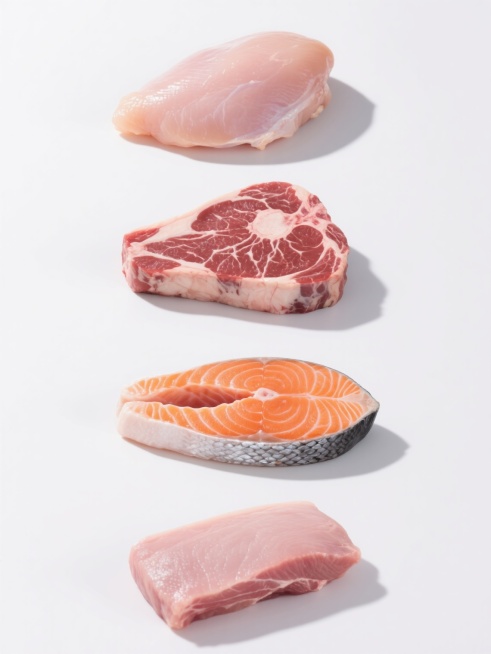 白色背景下，呈现出4个不同肉类食材的高质量产品摄影集合，规整排布成2x2网格。每张肉类图像都保持了极佳的写实主义风格，展现出细腻的肉质纹理、自然的脂肪分布和逼真的色泽。第一个位置是一块新鲜的生鸡胸肉，呈现自然的粉红色，表面略带湿润光泽，肉质紧实有弹性；第二个位置是一块带骨的牛肉眼牛排，拥有漂亮的大理石花纹，鲜红色的瘦肉中均匀分布着白色脂肪；第三个位置是一块三文鱼排，橙红色的鱼肉纹理清晰可见，带……预览效果