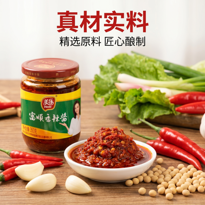 [主图 2] 美乐富顺香辣酱核心原料展示图。
[氛围风格] 真实食材摄影，自然新鲜质感；
[画质] 商业摄影质感、光线柔和通透、产品清晰真实、画面干净高级；
[元素] 以红亮的香辣酱酱料为中心，周围围预览效果