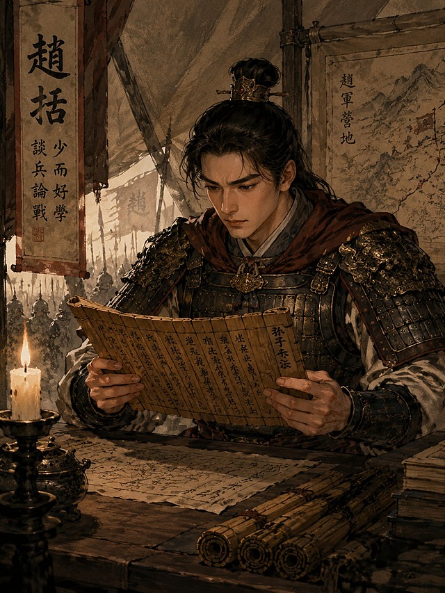 Young general Zhao Kuo in ancient Chinese armor studying a bamboo slip military book in a war tent, focused expression, candlelit atmosphere, classical Chinese painting style