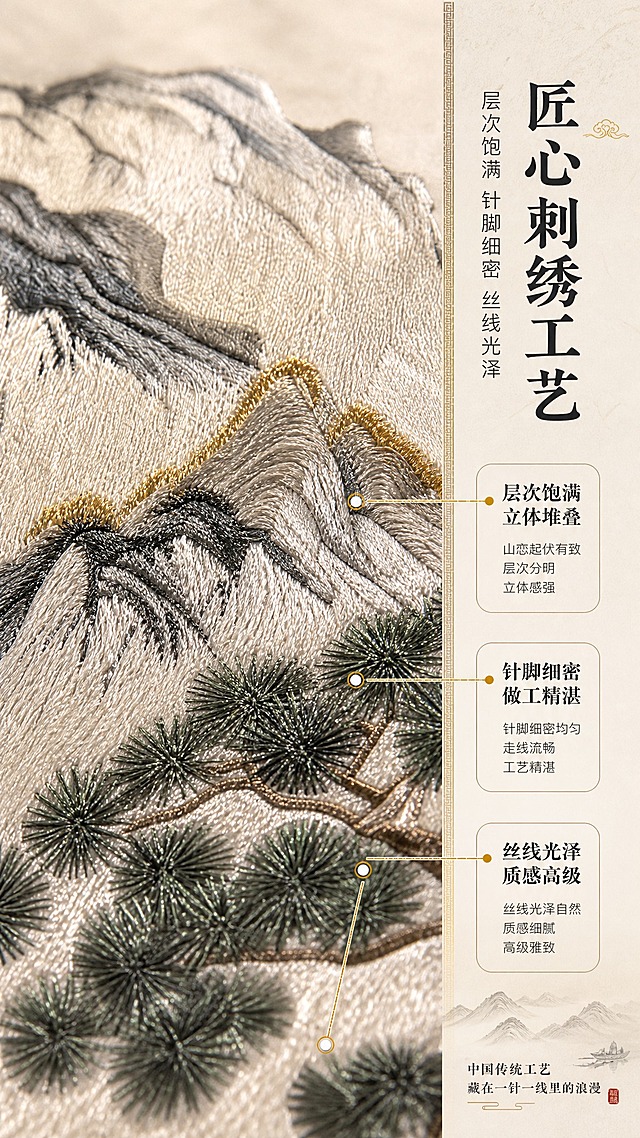 [商品] 使用【图1】下半部分刺绣特写+【图2】下半部分金线刺绣特写；保留刺绣山水图案、丝线材质、针脚纹理、层次结构；商品处理：放大刺绣局部，突出丝线光泽感、针脚细密程度、层次堆叠立体感，不改变图案和配色。
[画面] 目标：刺绣工艺细节展示，体现层次感、丝线光泽感与肌理感。构图：画面主体为大幅刺绣微距特写，占据画面70%，呈现山水图案的立体刺绣效果，丝线根根分明有光泽；右侧或底部配文字说明区。主体占比：刺绣特写占画面70%。景别：微距特写。阅读动线：从左至右，先看细节再读文字。前中后景：前景最近处松针刺绣清晰可见、中景山峦层次、远景虚化的皮革底材。
[视觉] 套系策略：风格=新中式高端雅致商业摄影风；标题字=宋体加粗书法感标题；正文字=简洁黑体；主色=米白+深灰墨色；背景延展=基于米白宣纸质感做深浅层级、同色渐变和细腻纹理；强调色=鎏金色，仅用于小面积图标、引线和重点标签；标题色=深炭灰墨色；正文色=中暖灰；组件=圆角浅底信息卡、细线引线、中式回纹装饰元素；光影=侧光斜打突出刺绣立体肌理，丝线产生自然光泽反射。
[文字] 主标题"匠心刺绣工艺"，副标题"层次饱满 针脚细密 丝线光泽"；3个细节标注引线指向对应部位："层次饱满 立体堆叠"、"针脚细密 做工精湛"、"丝线光泽 质感高级"；底部小字"中国传统工艺 藏在一针一线里的浪漫"；文字区位于画面右侧或底部，不遮挡刺绣主体细节。
[规格] 图片比例9:16竖版，分辨率2K，避免变形、错字、文字过小、刺绣模糊、颜色失真、冷蓝调。